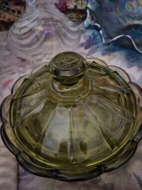 Vintage Fistoria Olive Green Covered Candy Dish with A Coin pattern has Small